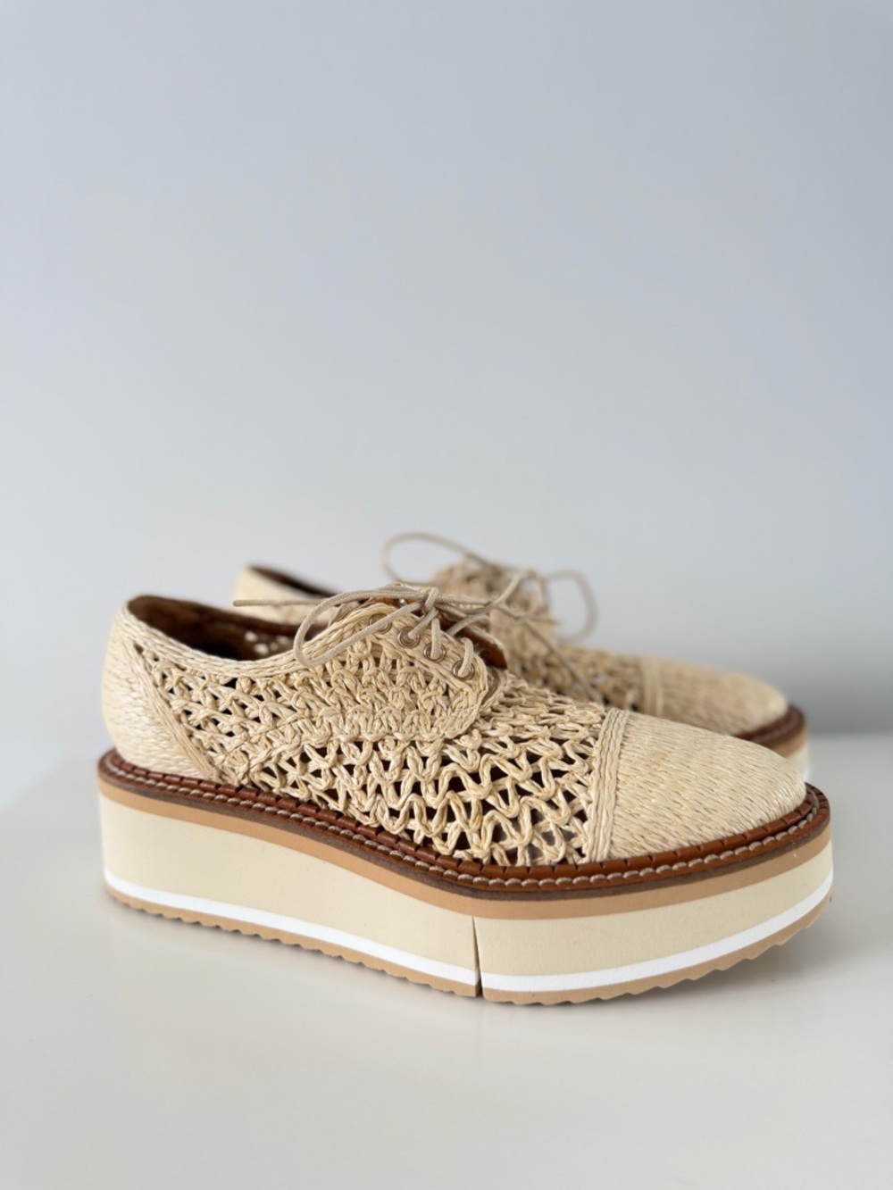 Clergerie Borril Raffia Platform Oxfords Cream Lace-Up EU 36.5 US 6 - 6.5 - Picture 5 of 14